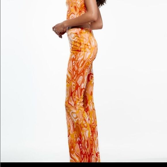 Zara GROOVY Tye dyed orange jacquard flare legging type stretch pants - Picture 6 of 6